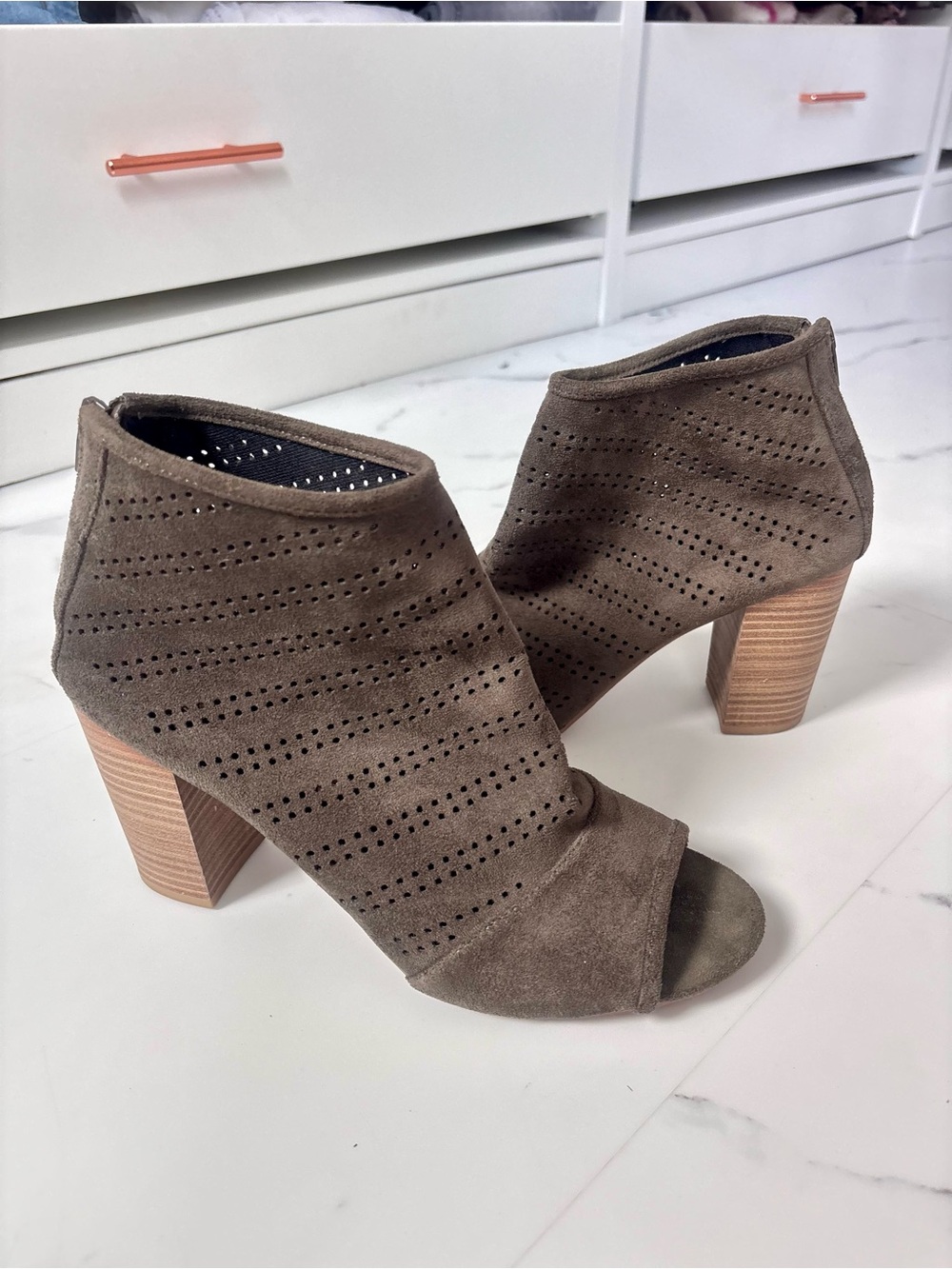 Taupe Perforated Peep Toe Ankle Booties Block Heel Suede Look Size 9